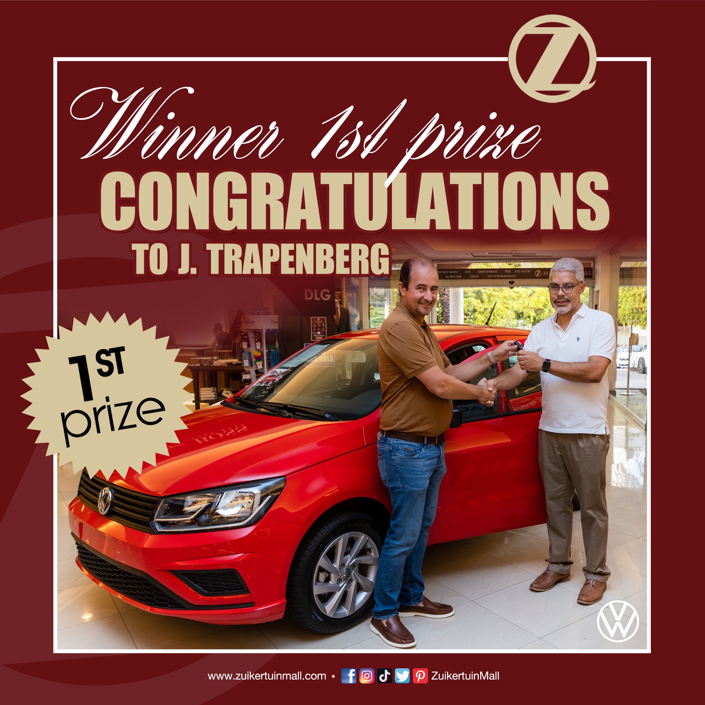 Congratulations to the winner of the Zuikertuintje end-of-year campaign 1st Prize a brand new VW GOL